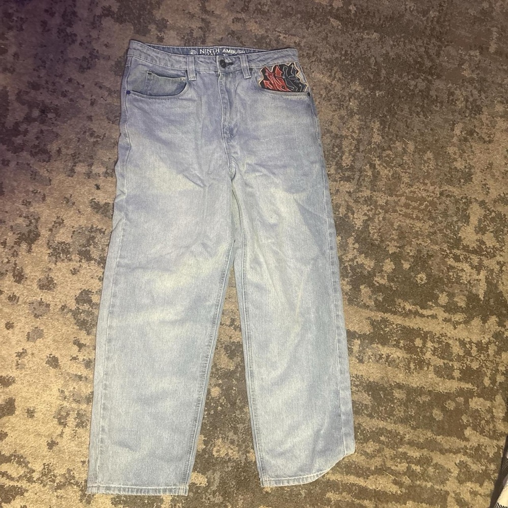 Men's Light Blue Straight Jeans with Embroidery